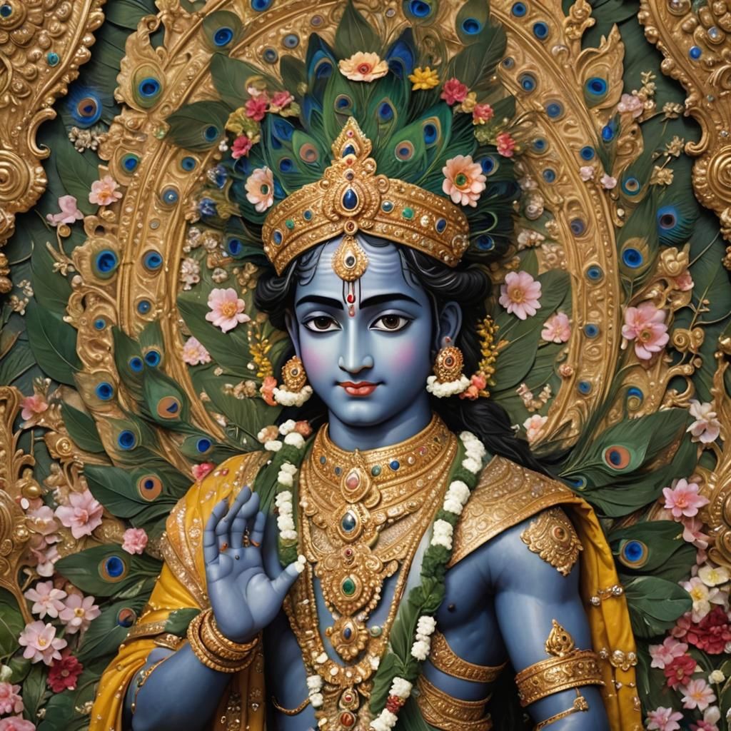 Sri Krishna in Golden Garments with Lotus Flower