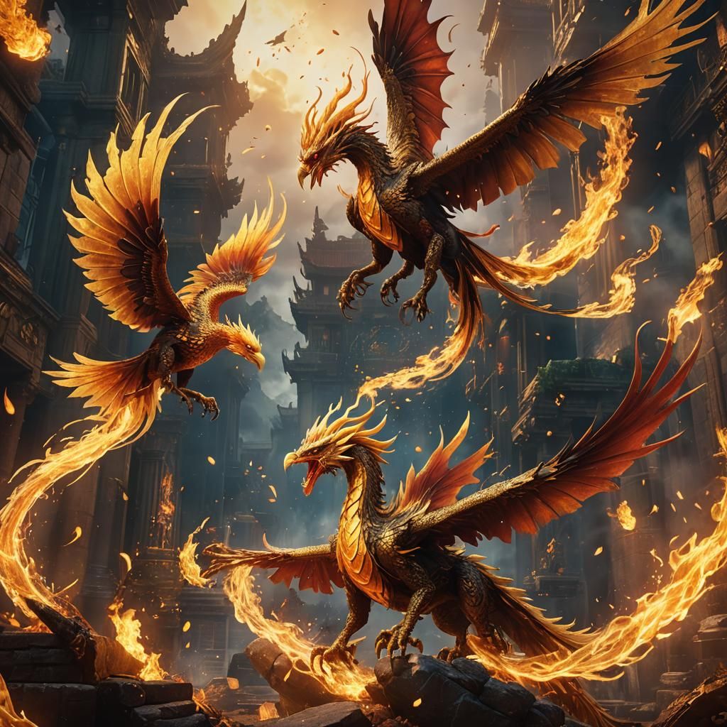 Phoenix and Fire Dragon Battle: Fantasy Concept Art