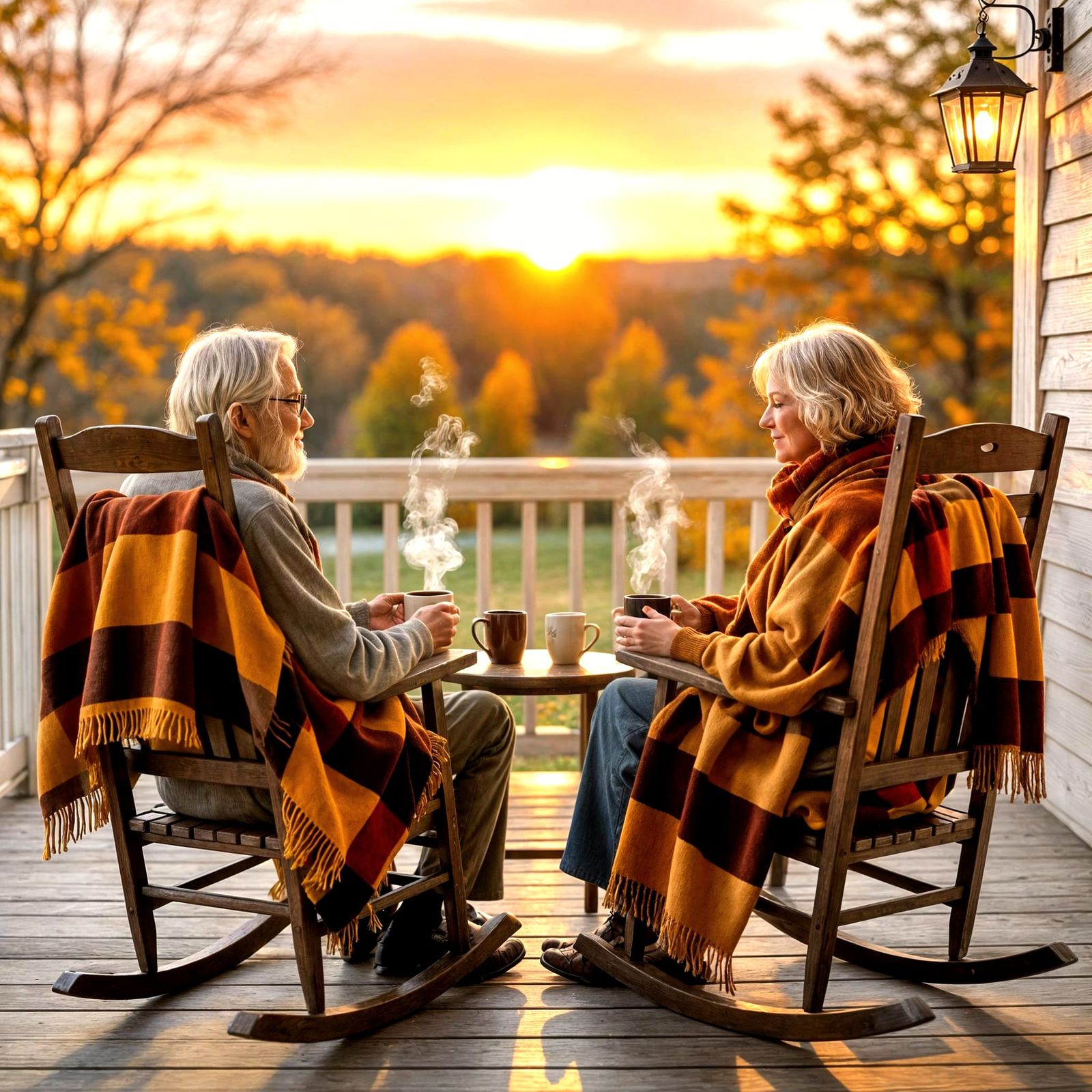 Elderly Couple on Rustic Porch at Sunrise