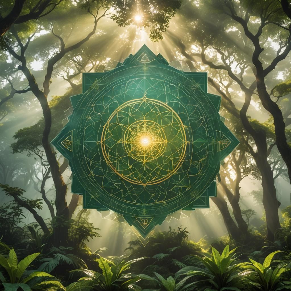 Ethereal Sacred Geometry in Misty Mountain Landscape