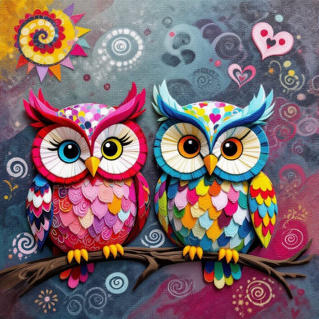 Vibrant Felted Owls in a Graffiti Scene