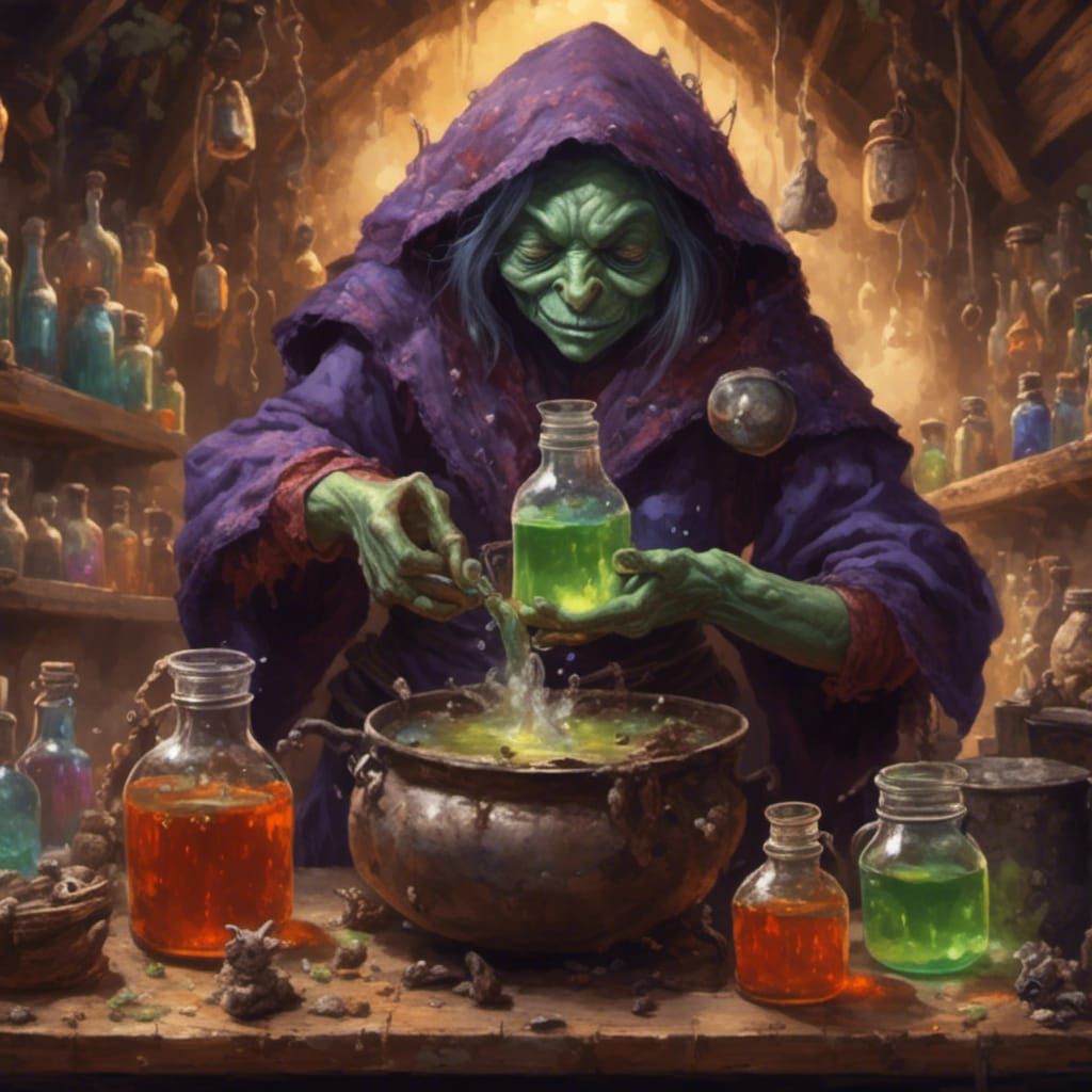 Hyperreal Goblin Woman Brewing Potions