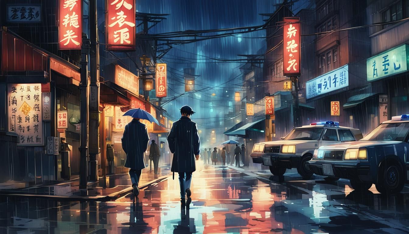 Noir Anime Crime Scene in Chinatown at Night