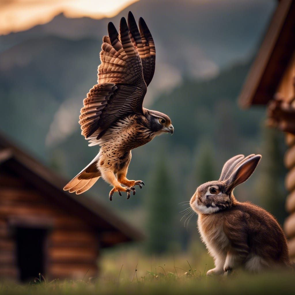 Falcon Hunting Rabbit Near Cabin: Professional Photography