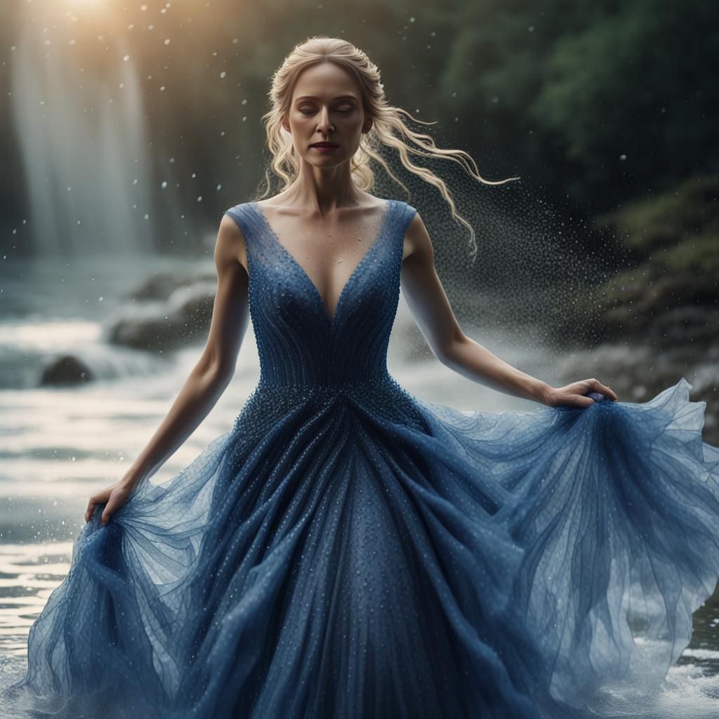 Sapphire Bride in Cascading Water Dress, Hyperrealistic 3D