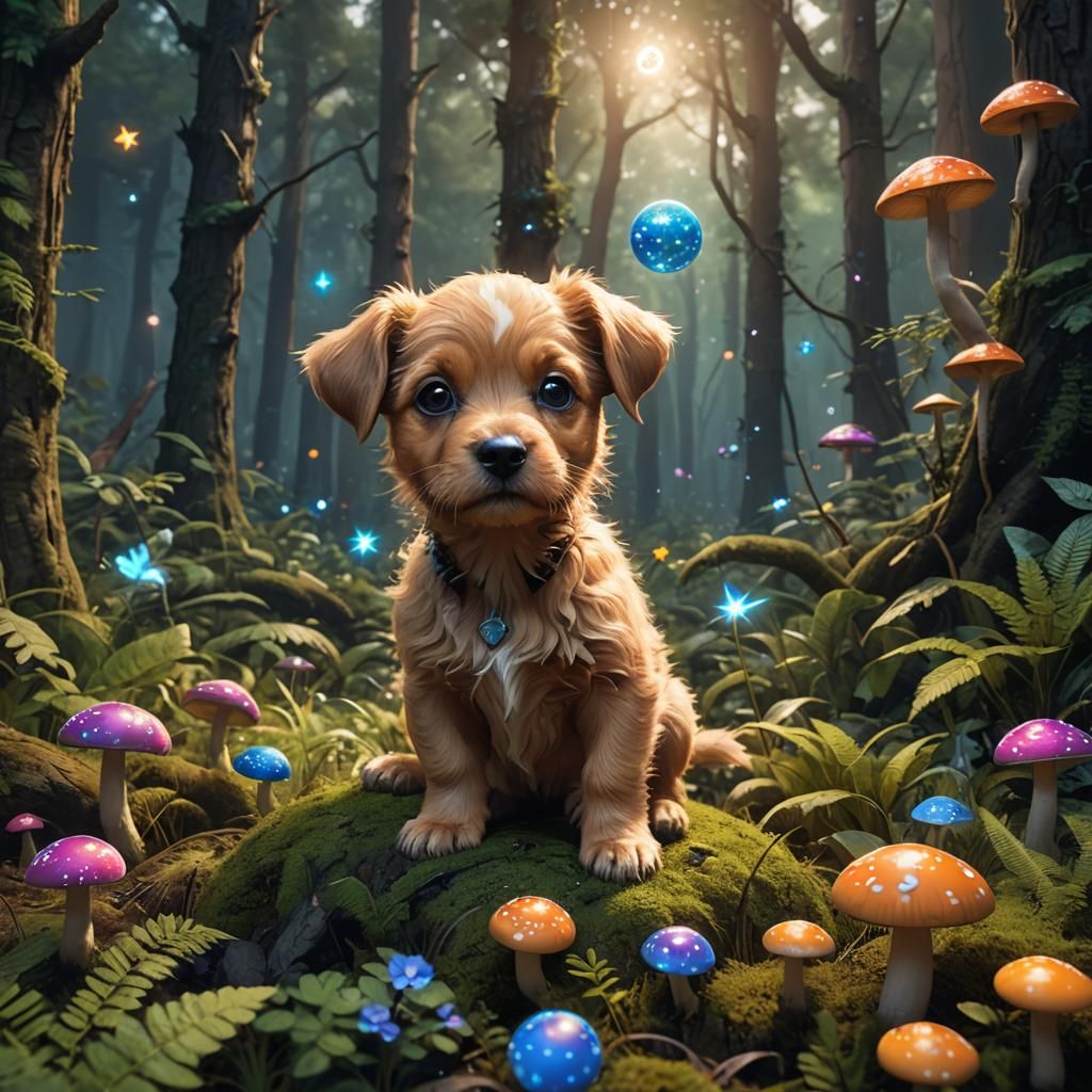 Puppy in Colorful Forest Sphere: Fantasy Art