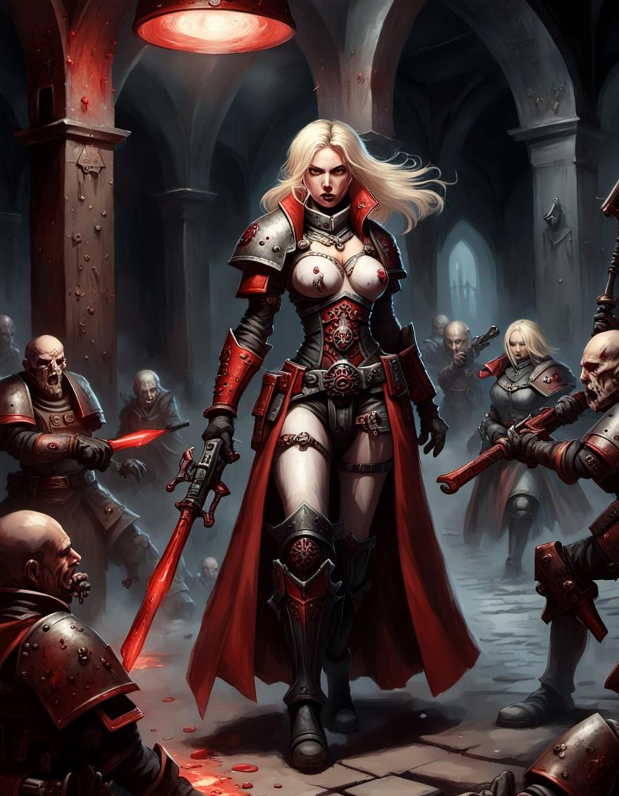Female Inquisitor Battles Cultists in Dark Basement