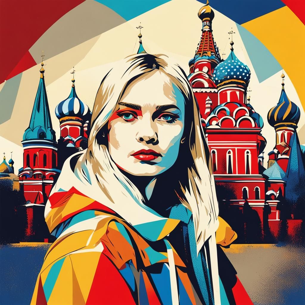 Blond Woman in Front of Kremlin as Pop Art