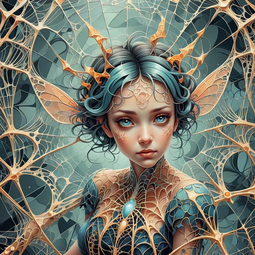 Vibrant Fractal Fairy in Spider Web