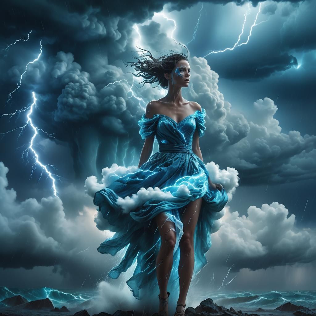 Woman in Cloud Dress Amidst Storm, Digital Art