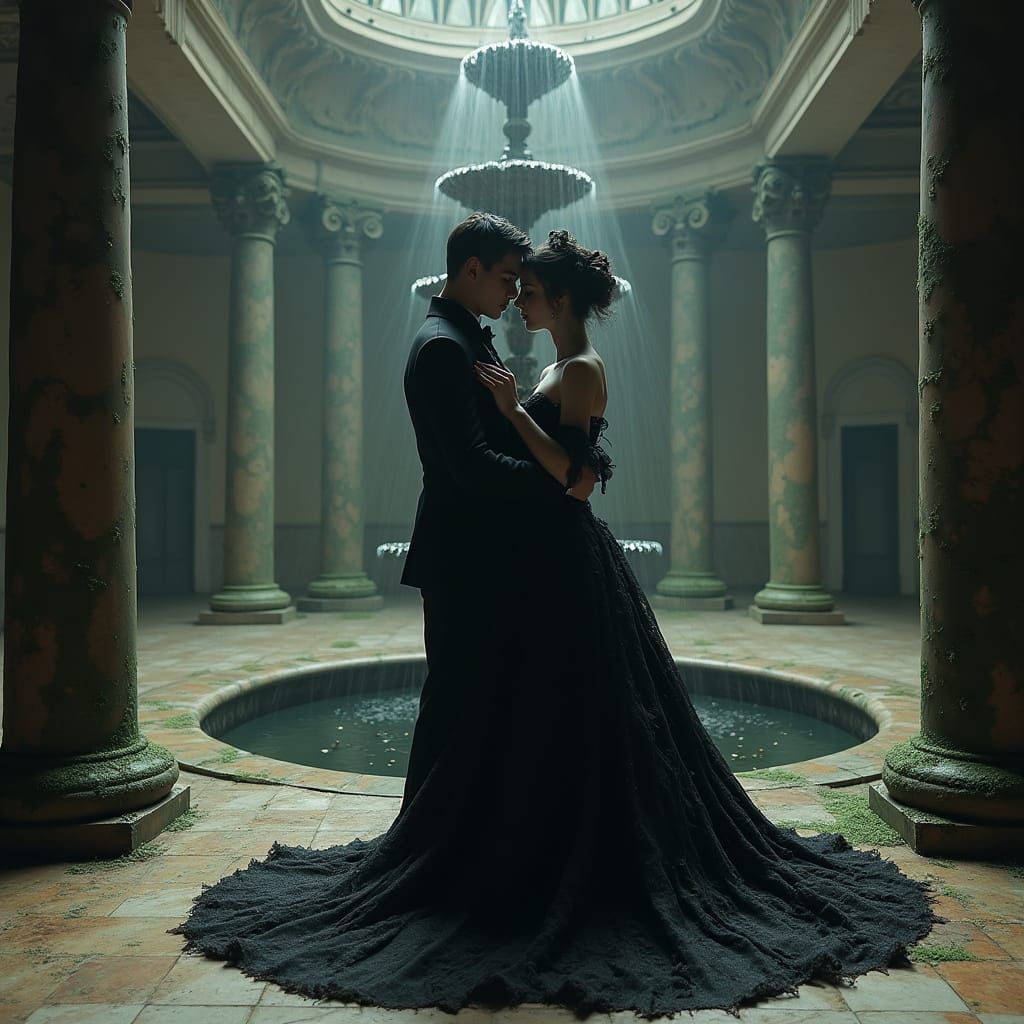 Gothic Couple's Dance in Dimly Lit Ballroom