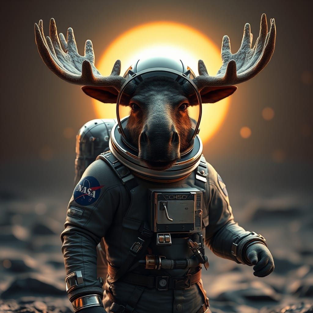 Moose Astronaut in Spacesuit on Lunar Surface