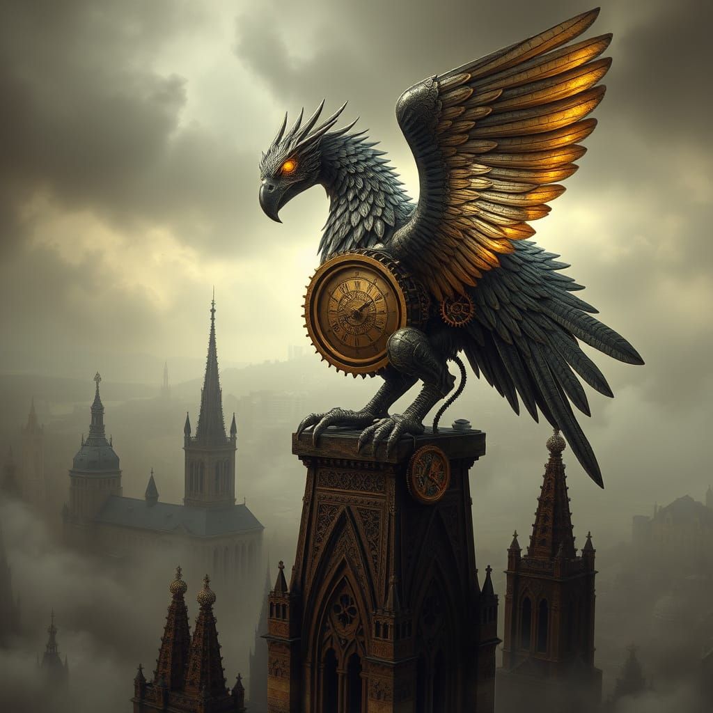 Clockwork Griffin Perched on Gothic Spire in Steampunk Style