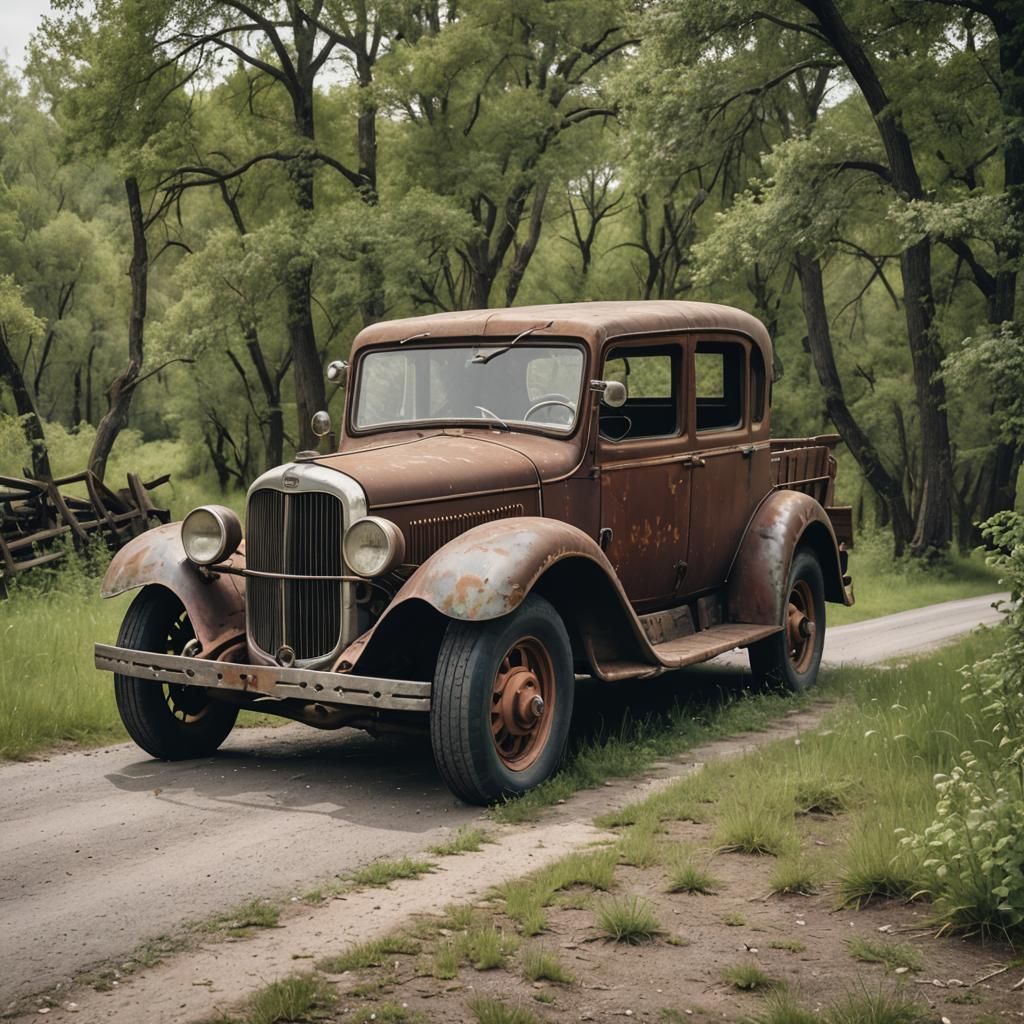 Rustic Old Car on a Country Road