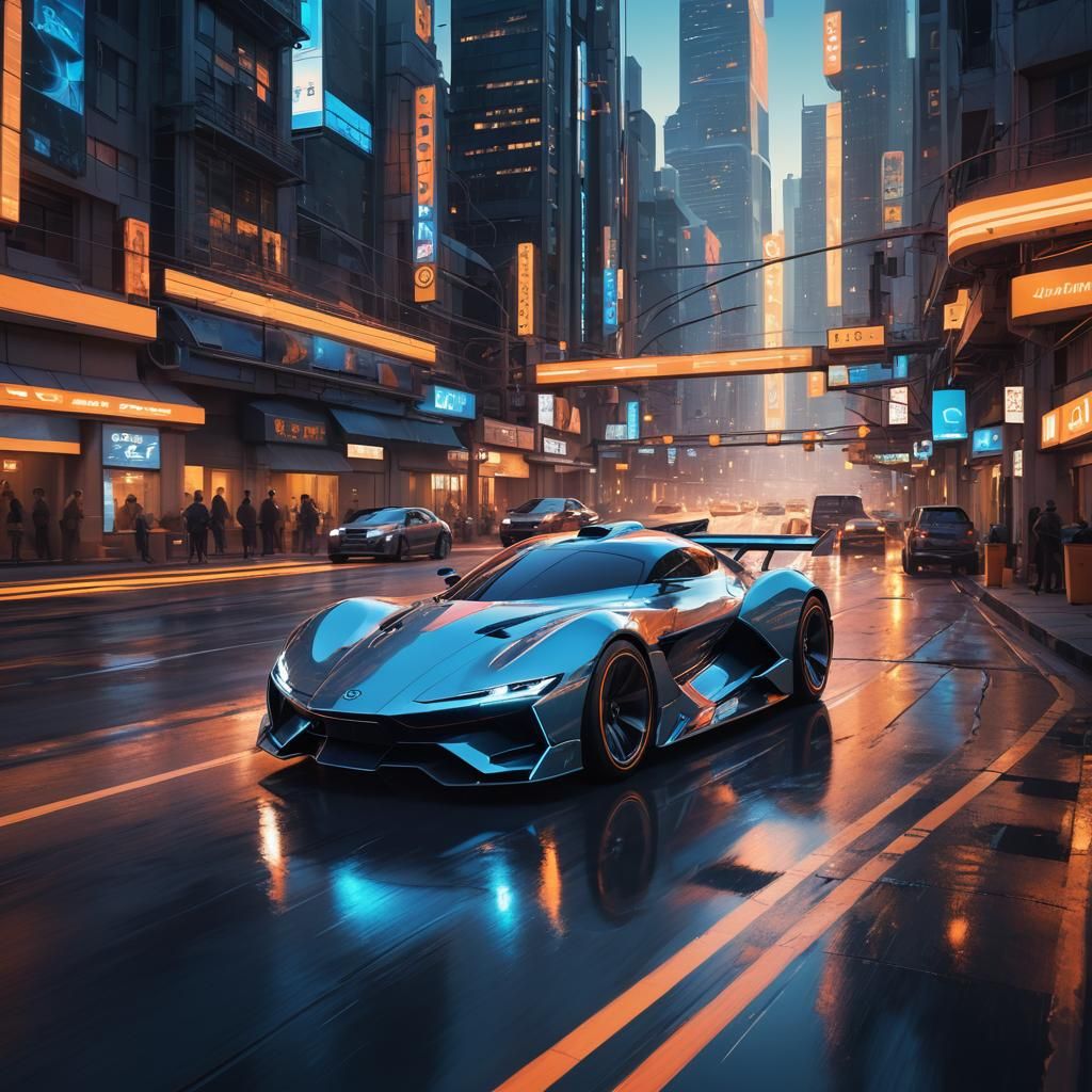 Futuristic Racing Car in Neon Cityscape at Dusk