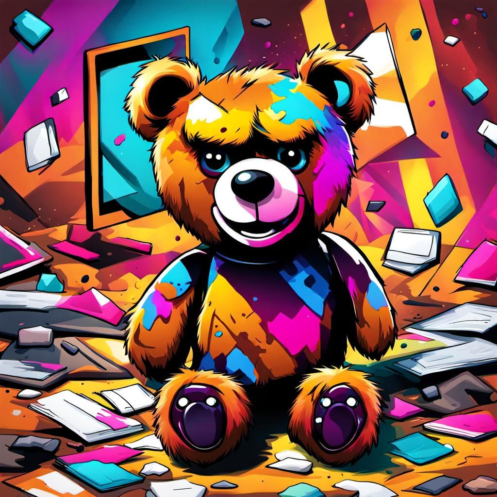 Cute and cuddly psycho teddy bear.  Possibly a hallucination...