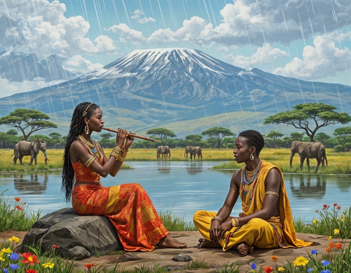 African Landscape Serenity: Woman Plays Flute, Elephants Roa...