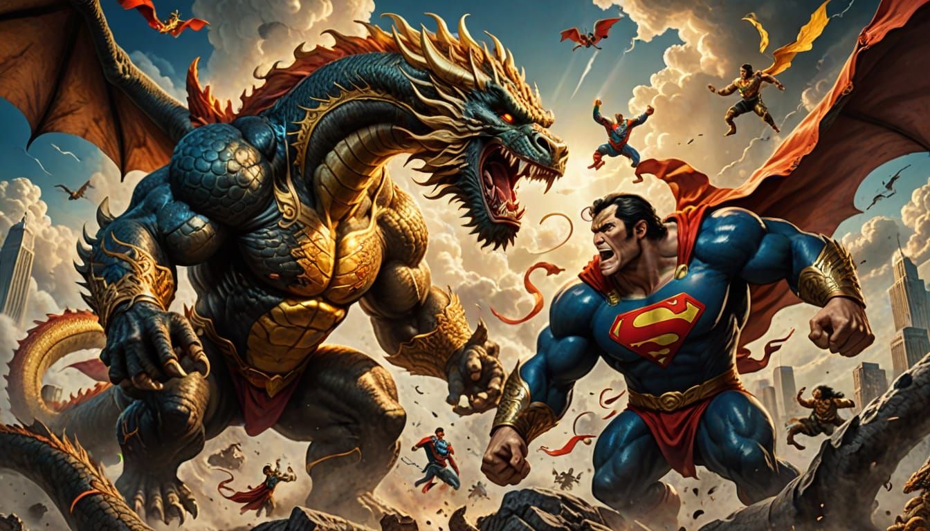 Epic Dragon, King Kong, and Superman Battle