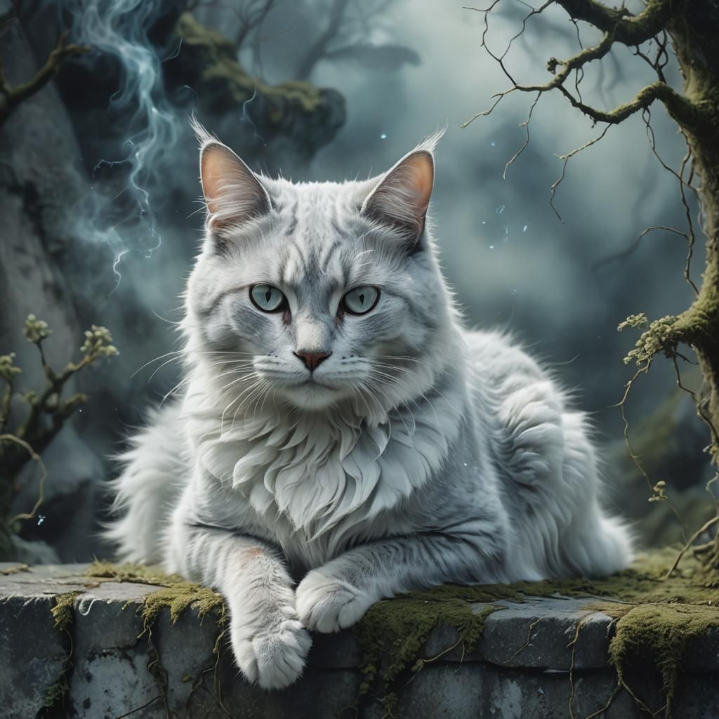 Ethereal Ghost Cat on Moonlit Wall: Digital Art