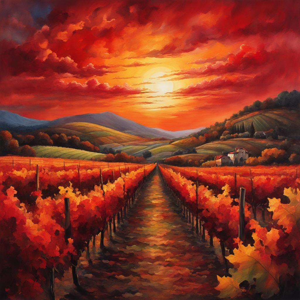 Fiery Autumn Vineyard: A Cinematic Oil Painting