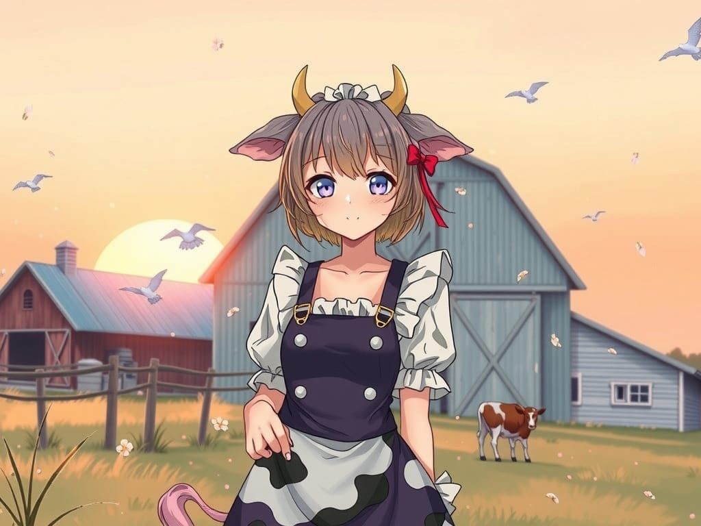 Anime Cowgirl Farmer at Sunset in Watercolor Style