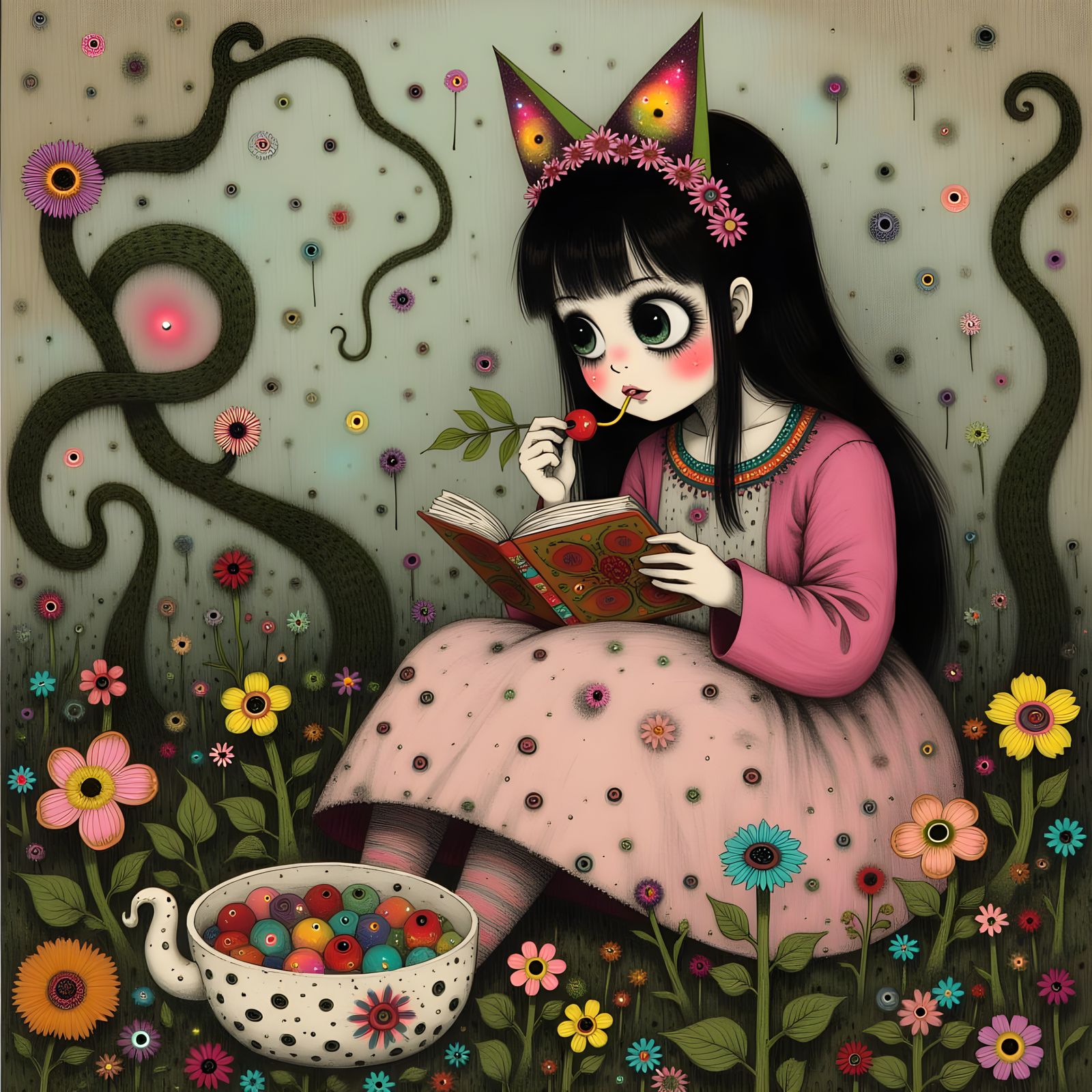 Whimsical Princess in a Vibrant Realm Reads Amidst Fantastic...