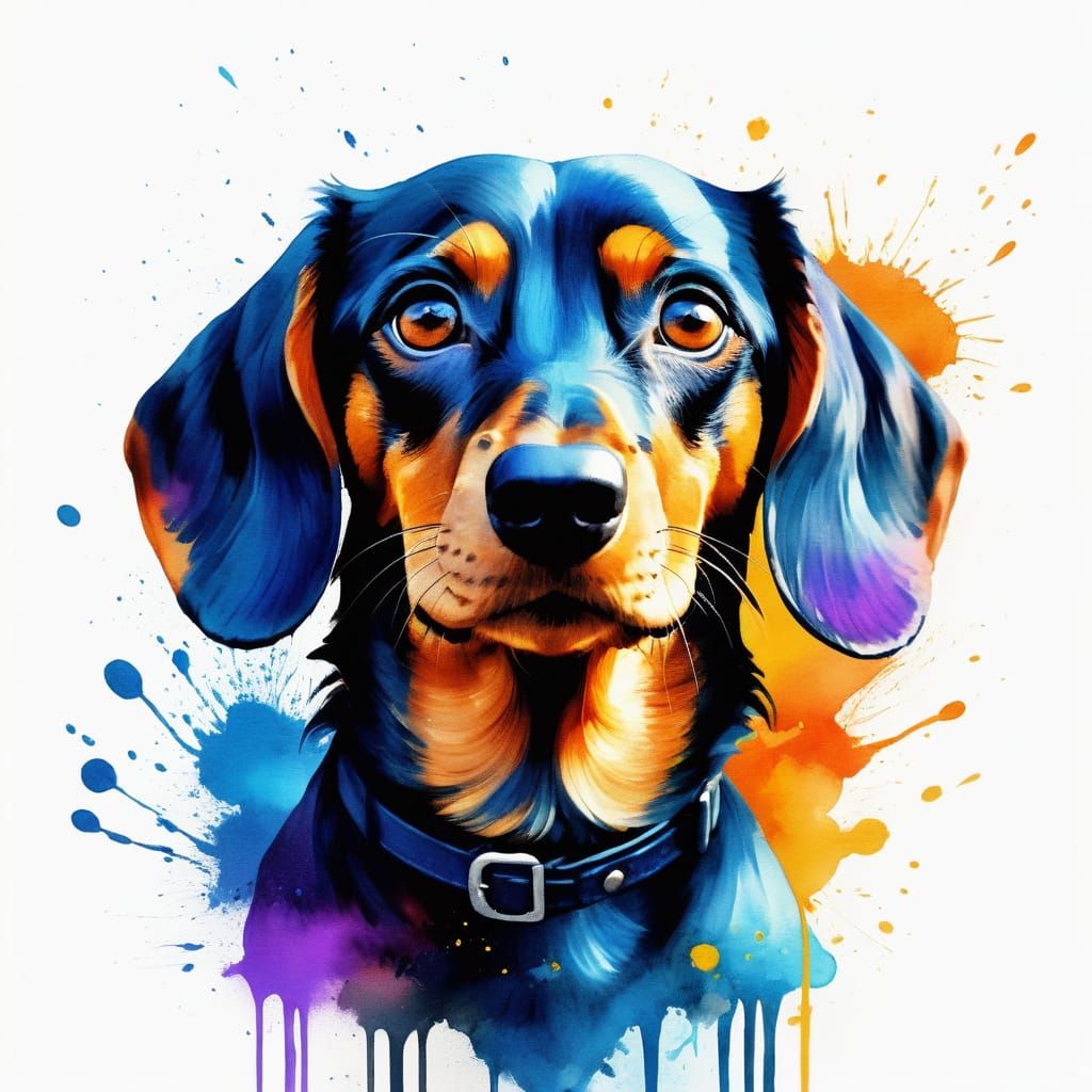 Vibrant Watercolor Dachshund Logo in Deep Blues and Golden H...