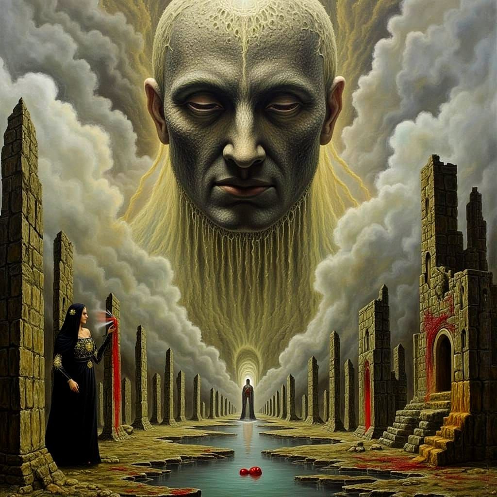 Surreal Face Above Graveyard in Dark Oil Paint