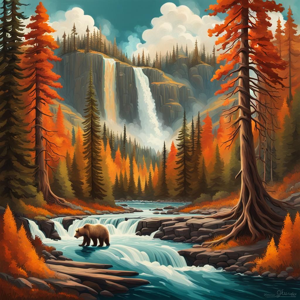 Breathtaking Autumn Landscape with Bears Fishing