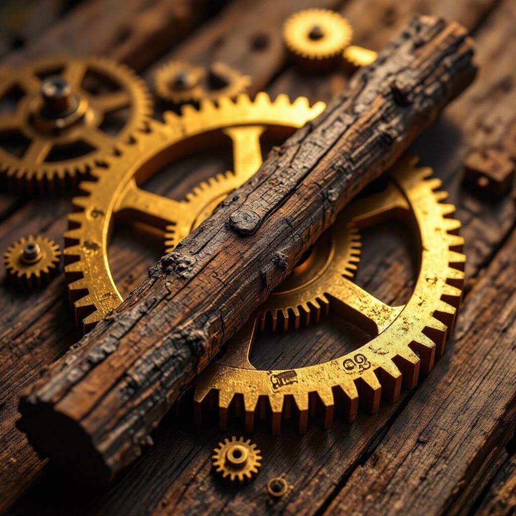 Wooden Stick in Gold Gears, Retro-Futuristic Style
