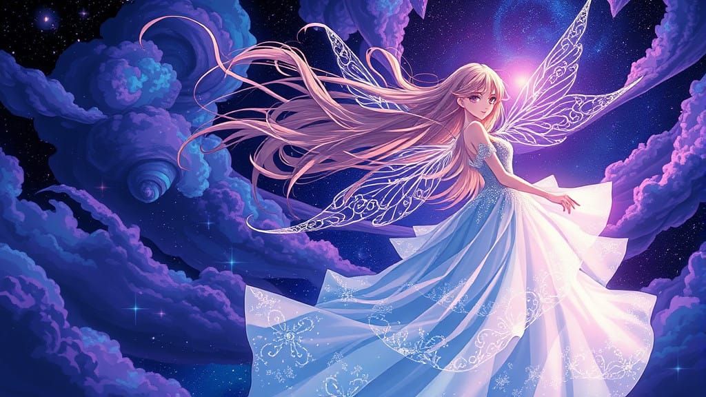 Ethereal Anime Goddess Shines in Cosmic Starlight