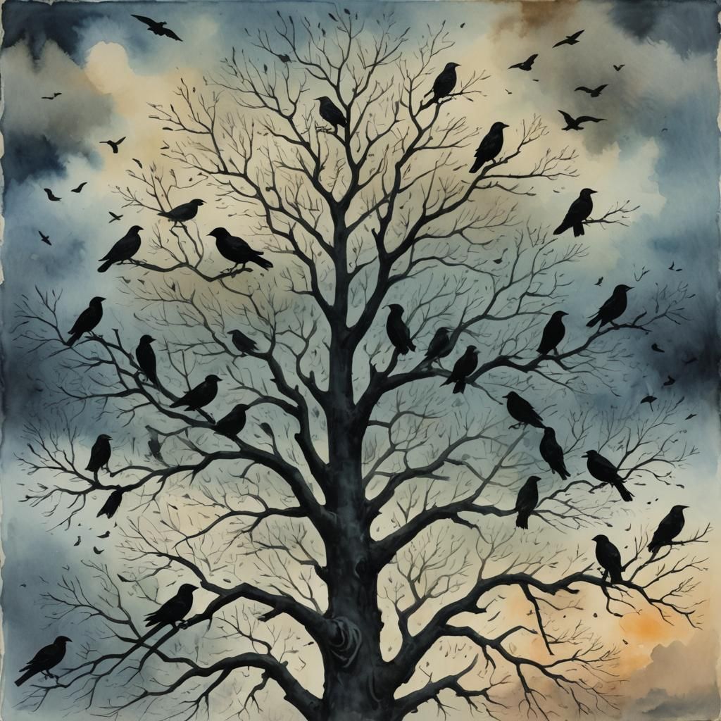 Tree of Crows: Gouache and Watercolor Impression