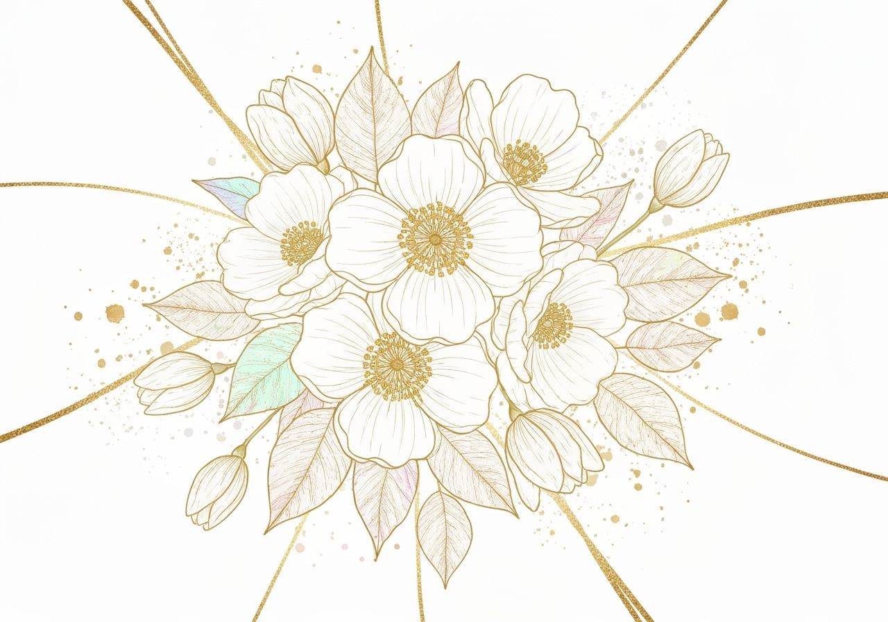 White Flowers with Gold Accents and Pastel Hues
