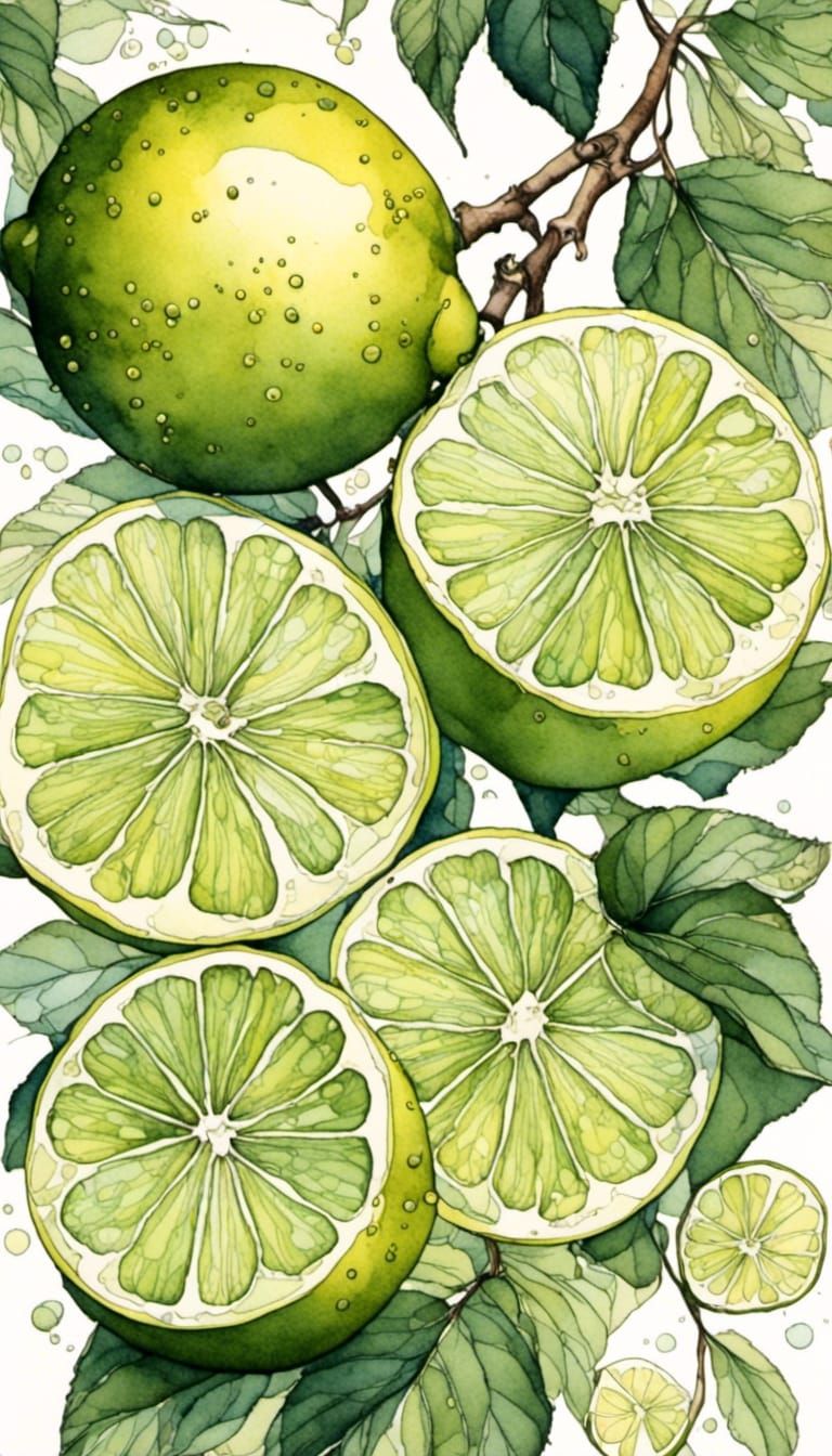 Botanical Illustration of Lime Slices in Mucha Style