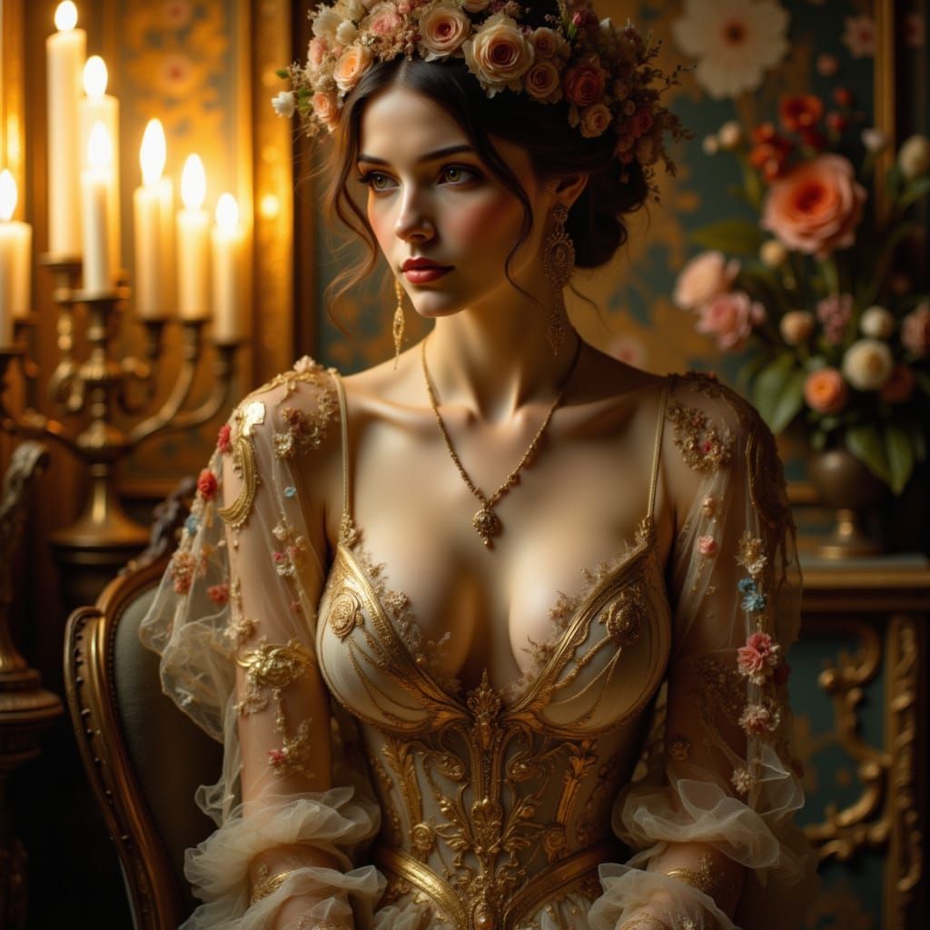 Nouveau Goddess in Ornate Candlelit Room