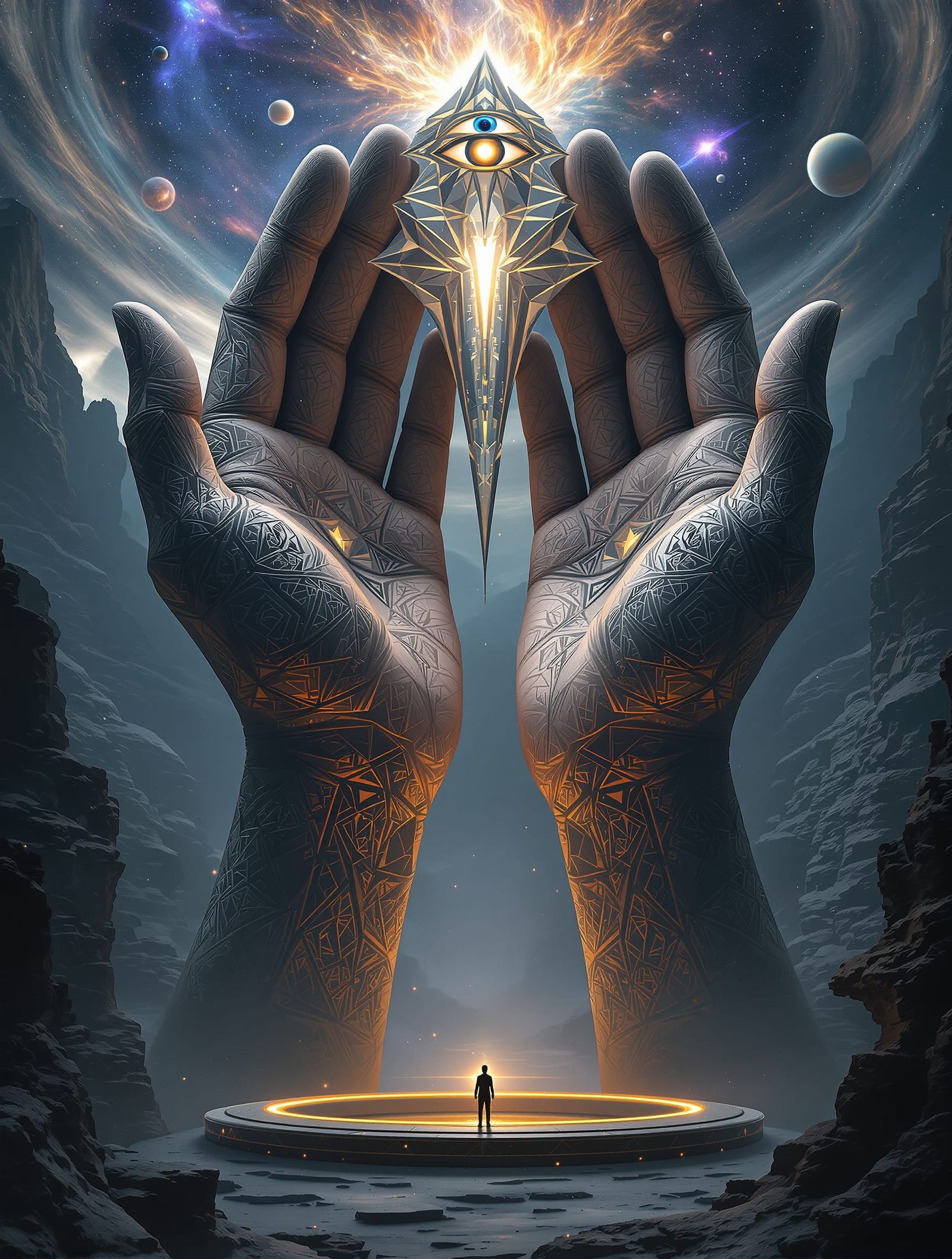 Giant Carved Hands Hold Geometric City in Otherworldly Lands...