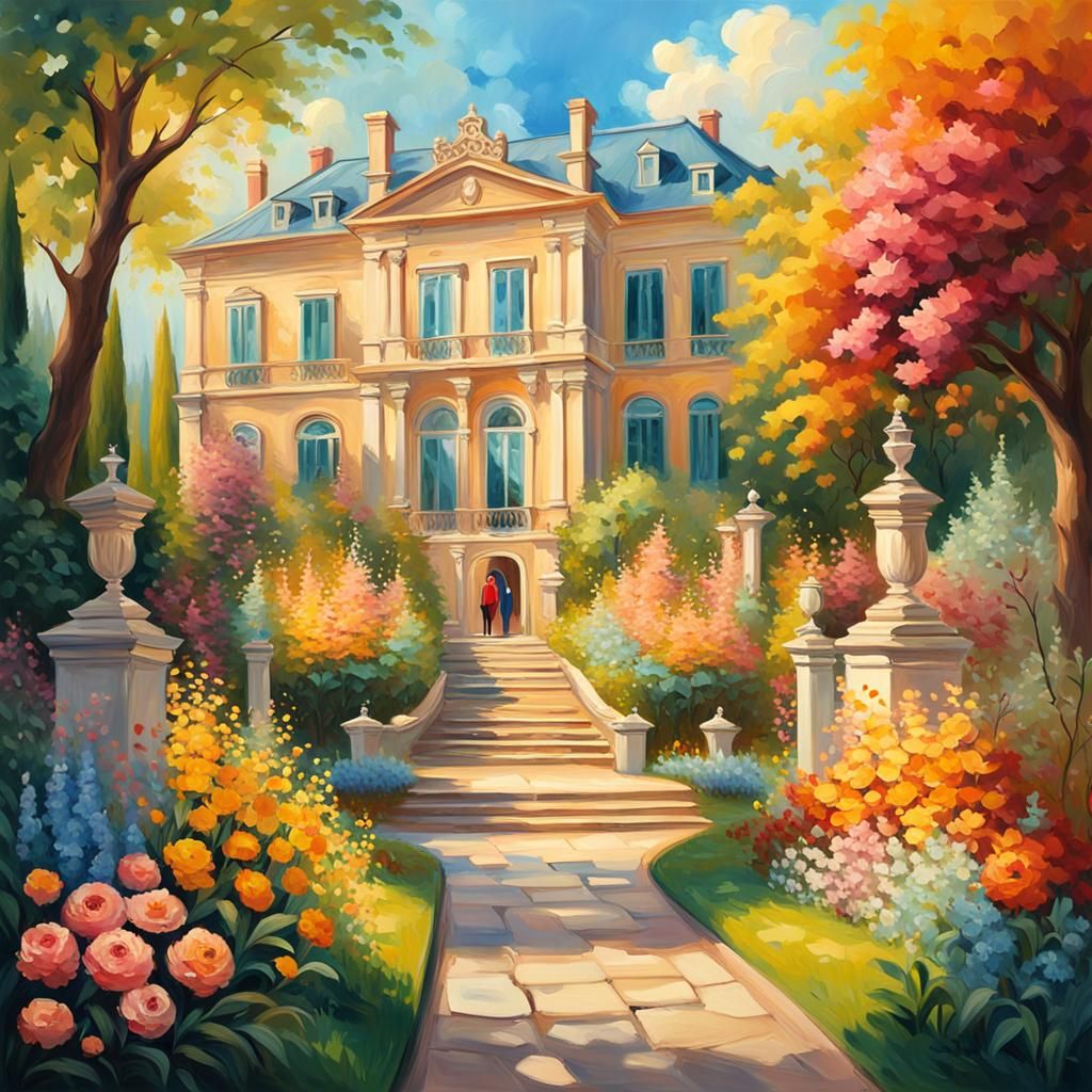 Opulent Garden Scene in Vibrant Oil Painting
