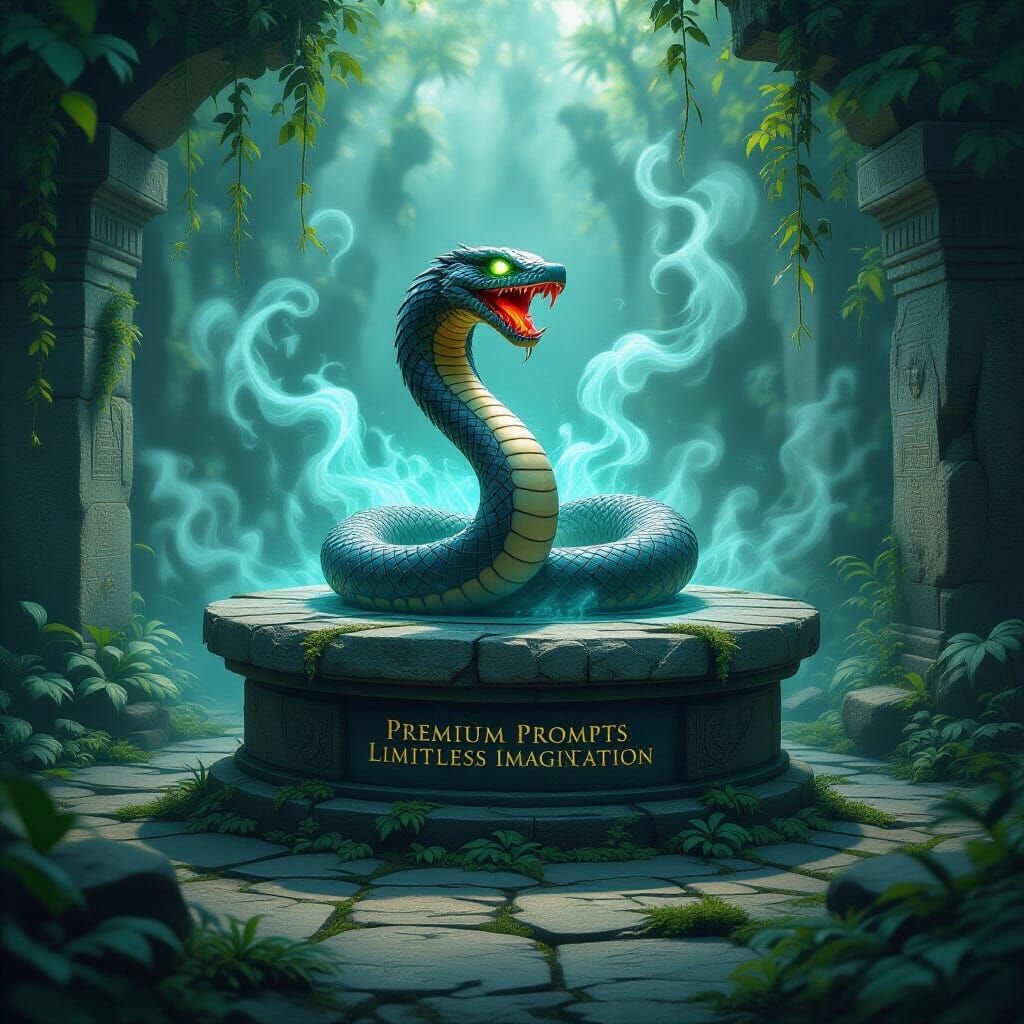 Jungle Ruins Altar with Glowing Snake in Stone Engraving Sty...