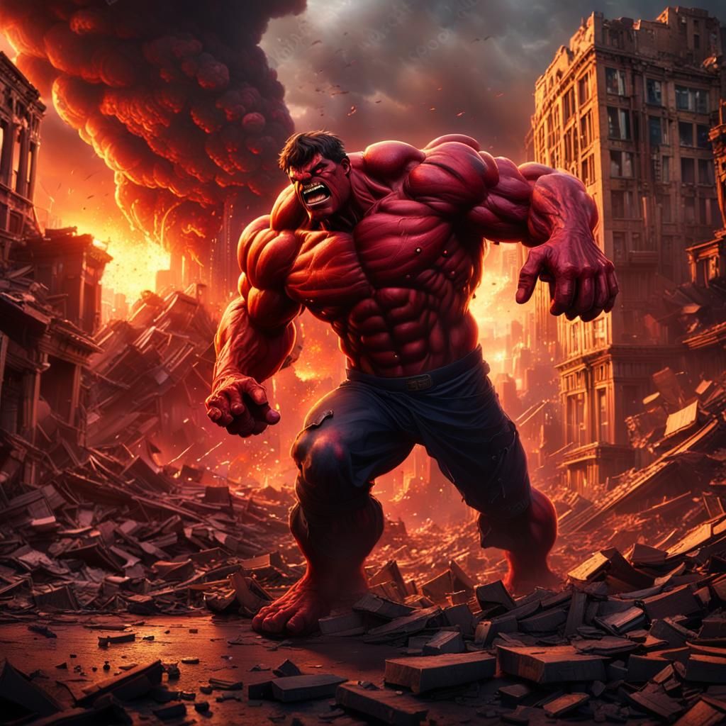 Epic Marvel Cityscape at Sunset Smashed by Red Hulk