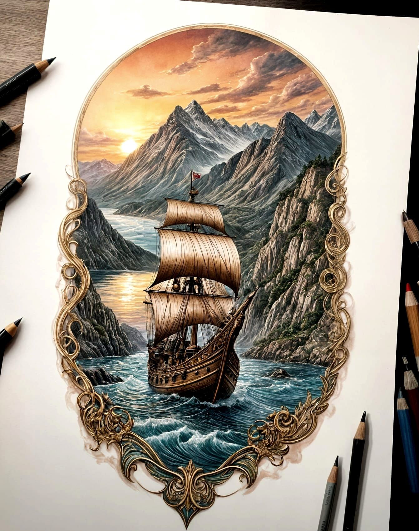 Viking Drakkar Tattoo Design at Sunset