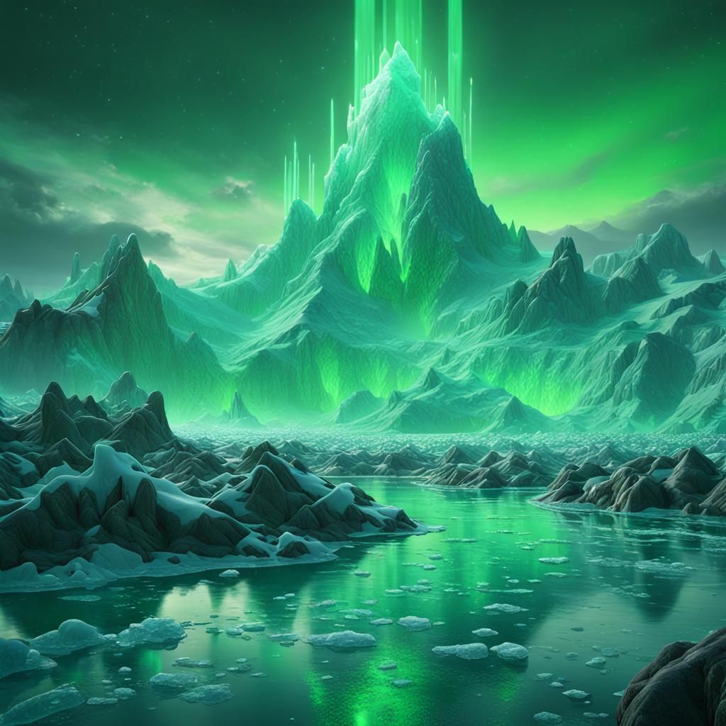 Green Glowing Ice Volcanoes Under Green Sky