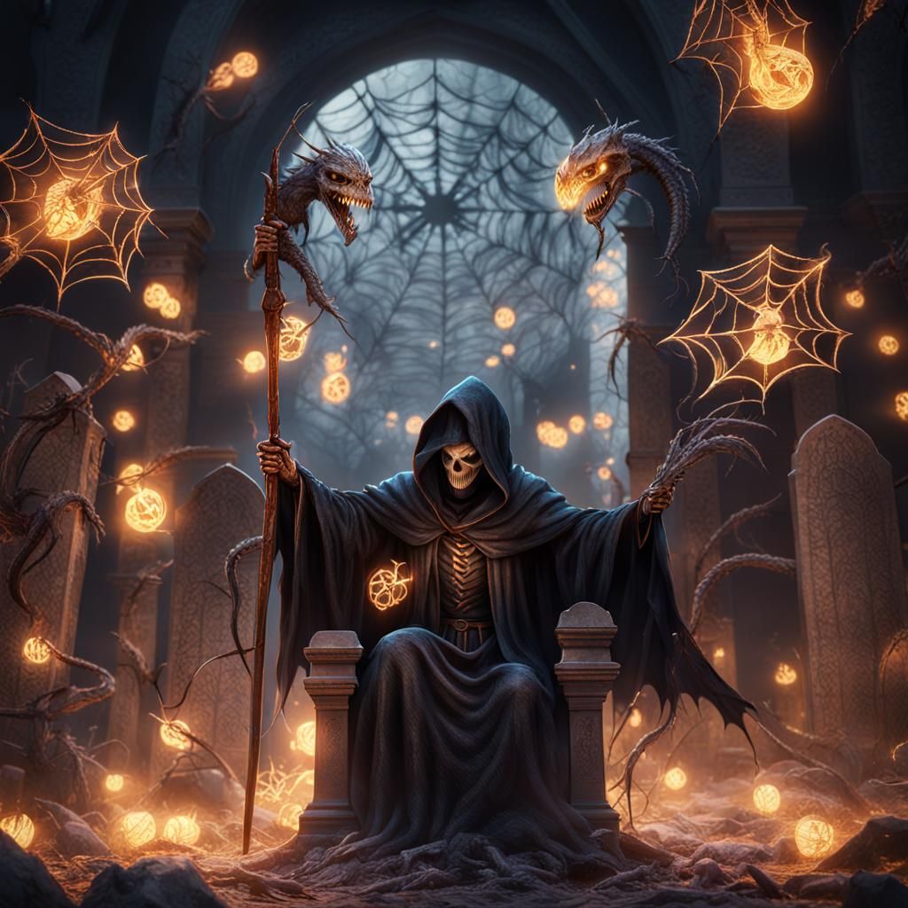 Spiderweb Grim Reaper Slaying Dragon, Detailed Matte Paintin...