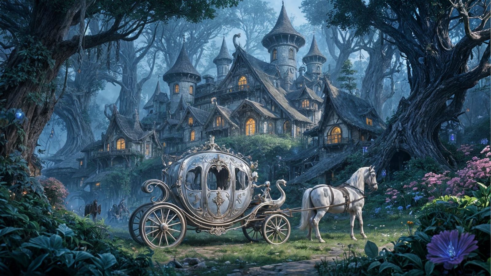 Fantasy Carriage Arrives at Whimsical Elven Cottages