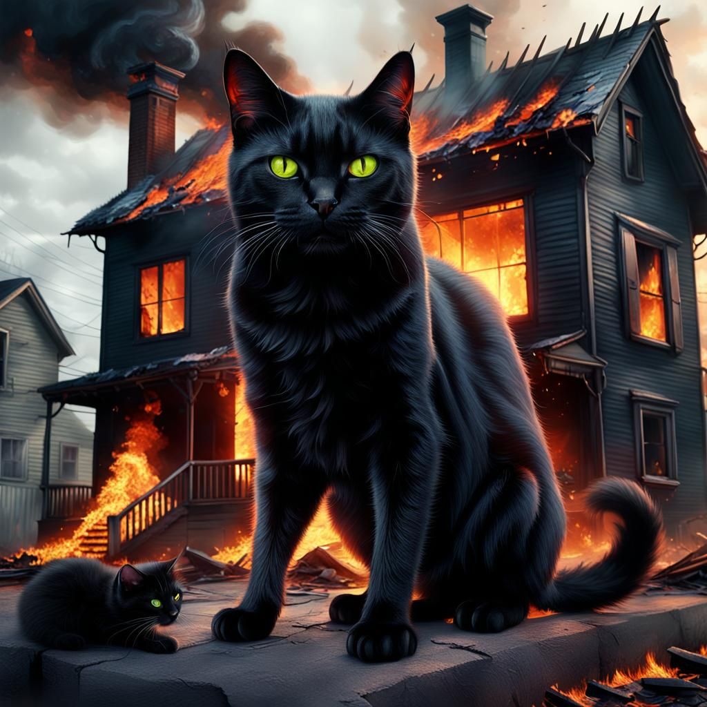 Black Cat Cleans Paw Beside Burning House
