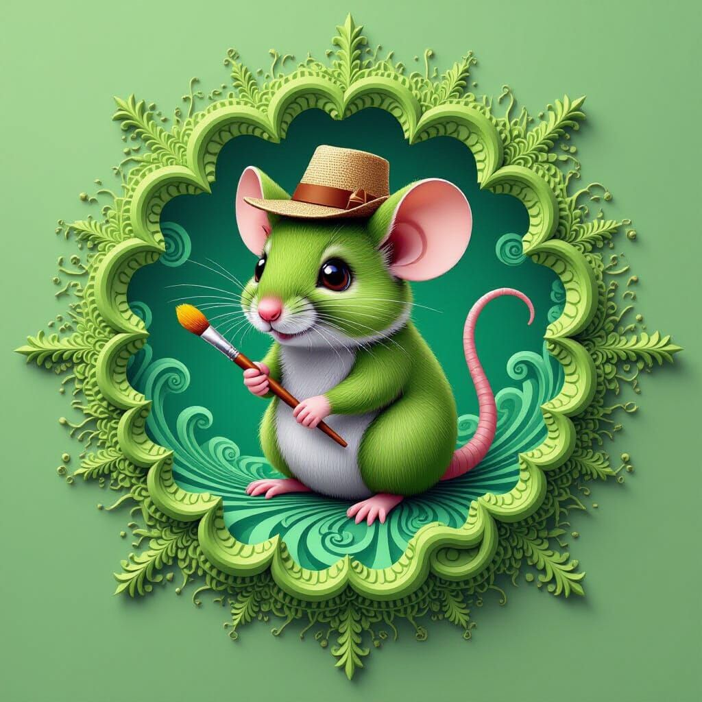 Green Mouse with Friend Amidst Fractal Patterns