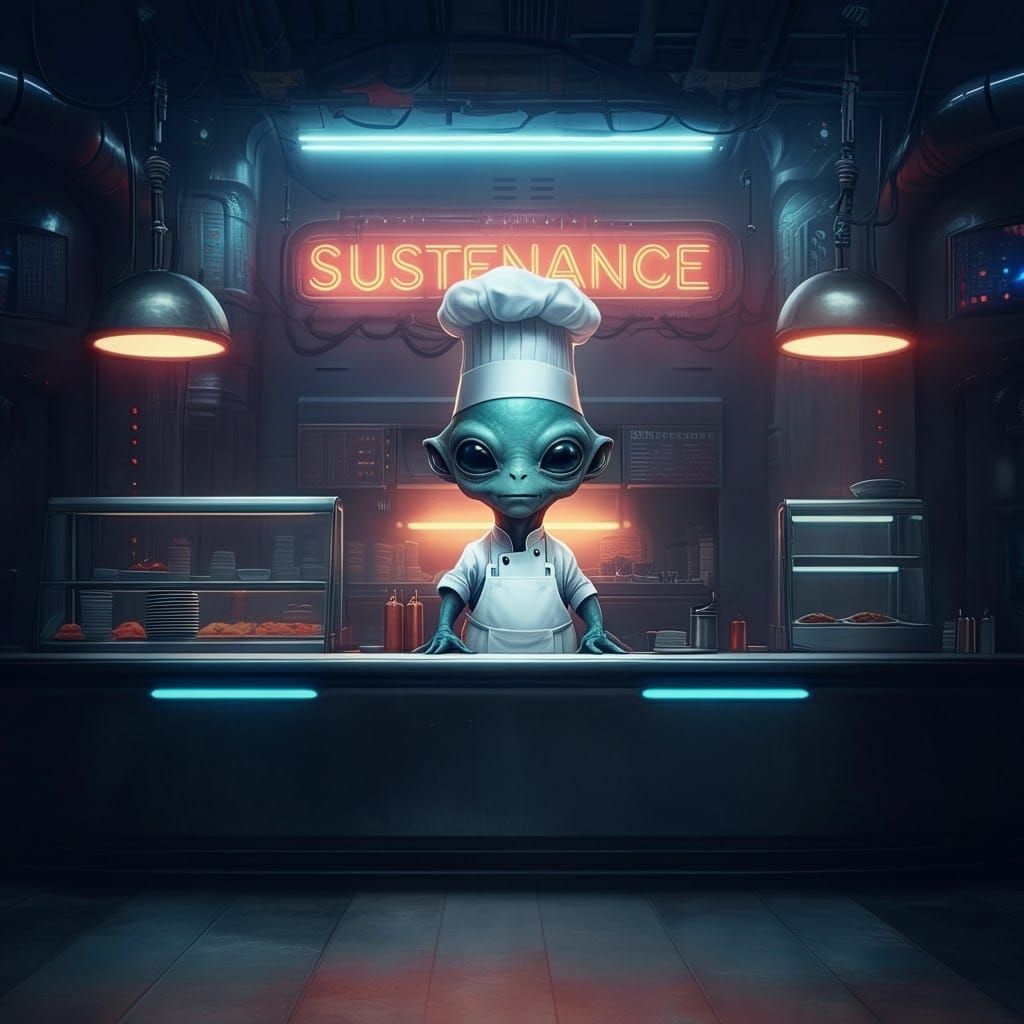 Intergalactic Chef in Futuristic Cafeteria