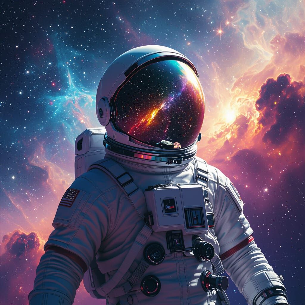 Astronaut Floating Among Nebulae and Galaxies