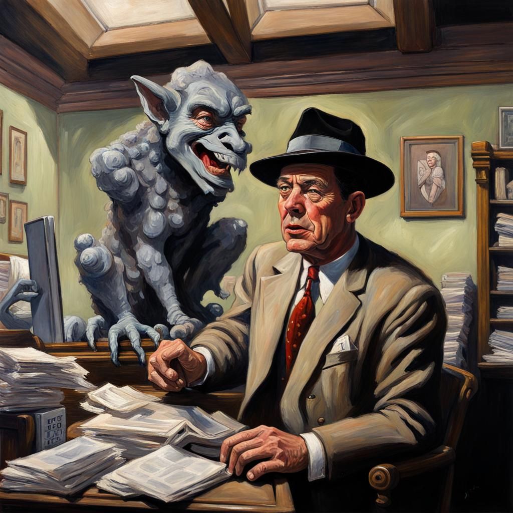 Private Eye and Gargoyle: Oil Painting
