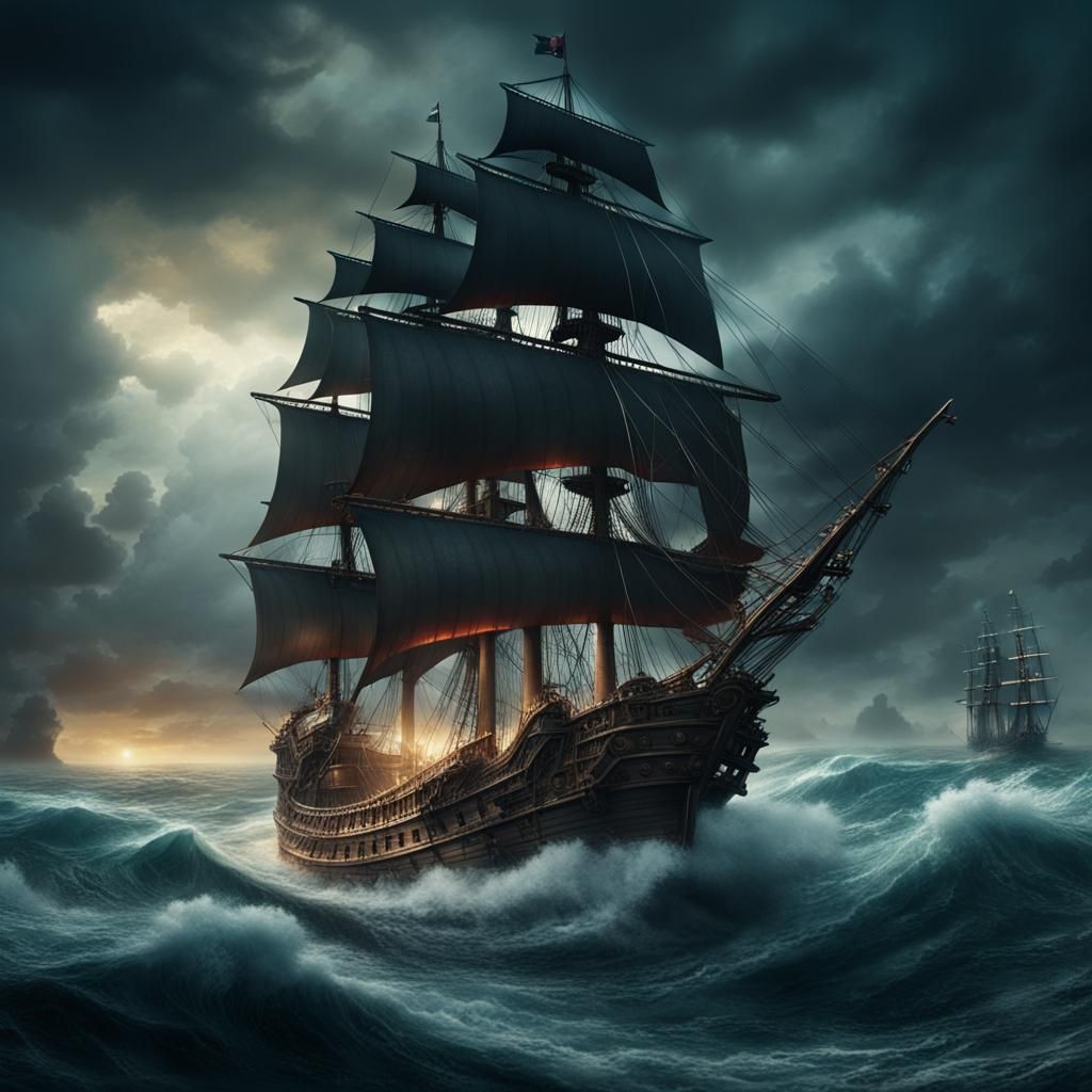 Cutter Outrunning Pirate Ship: Dramatic Digital Painting