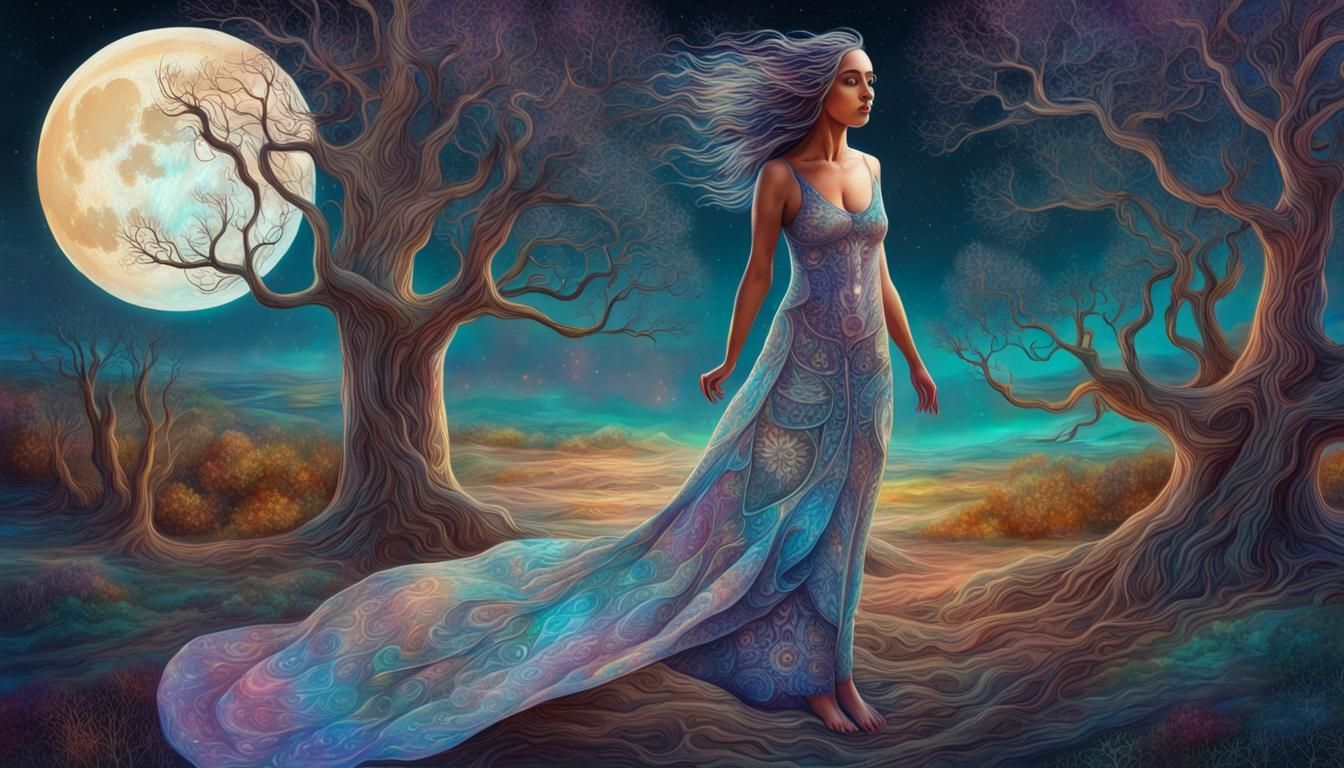 Astral Woman on Path with Owl in Moonlight